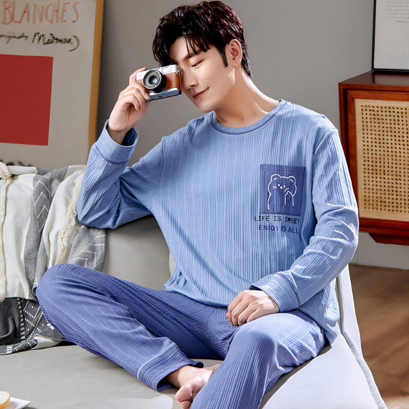 Pyjama bleu pour couple en coton