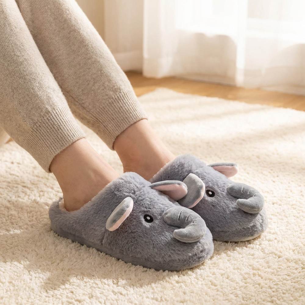 Chaussons éléphant portés aux pieds