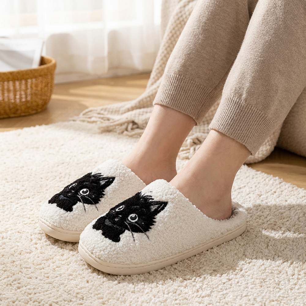 Chaussons chat noir portés aux pieds