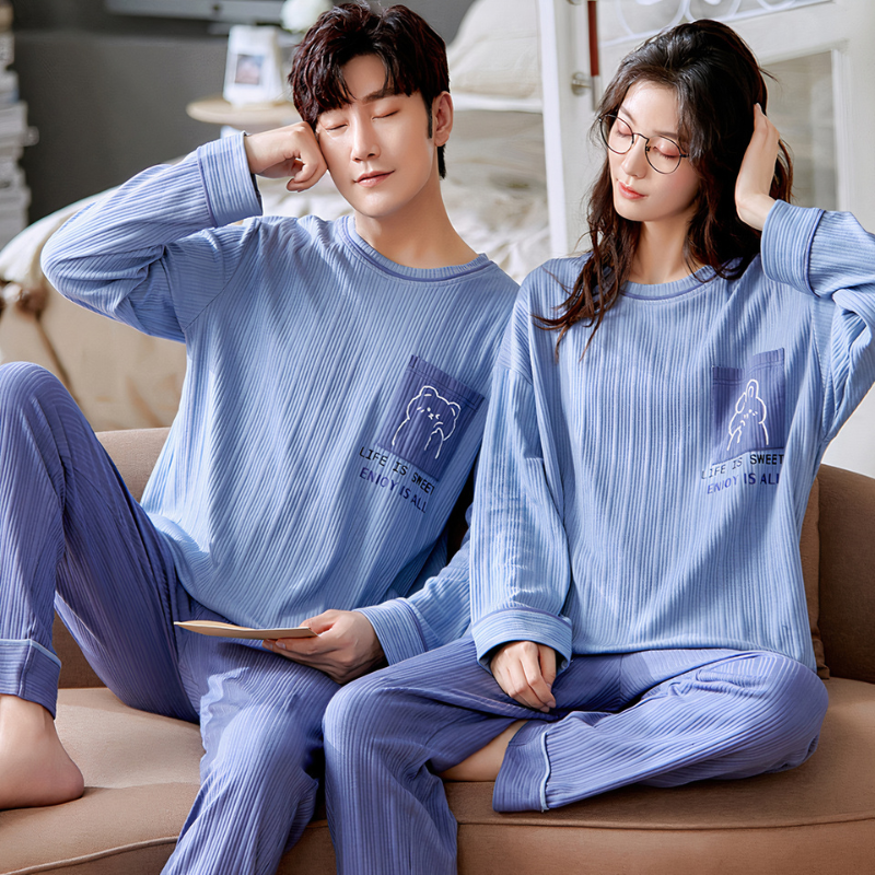 Pyjama bleu pour couple en coton