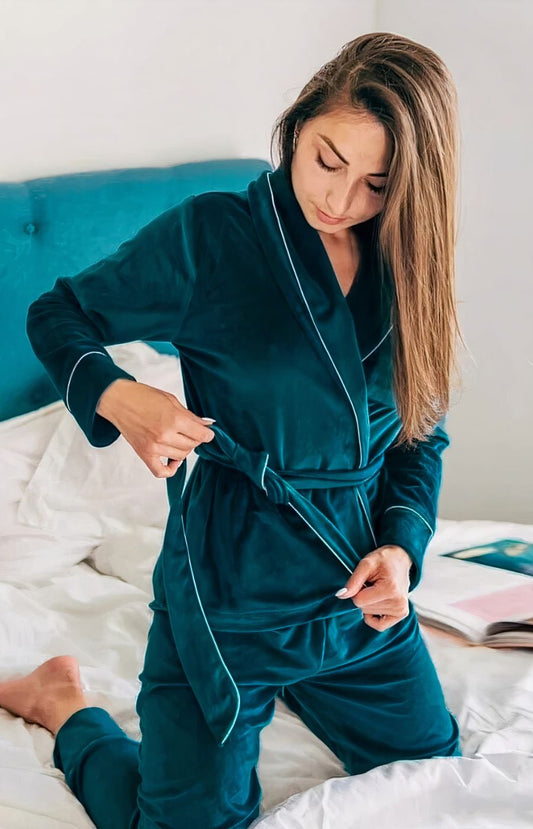 Pyjama long pour femme pilou 100% coton- Fil teint Vichy Bleu hiver
