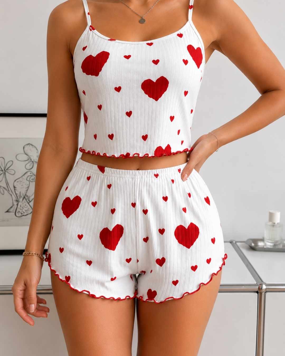 Ensemble Pyjama short motif coeur femme