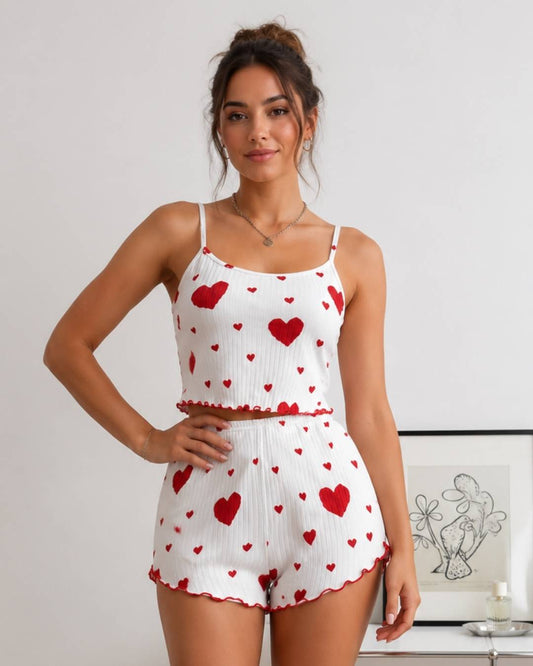 Ensemble Pyjama short motif coeur femme