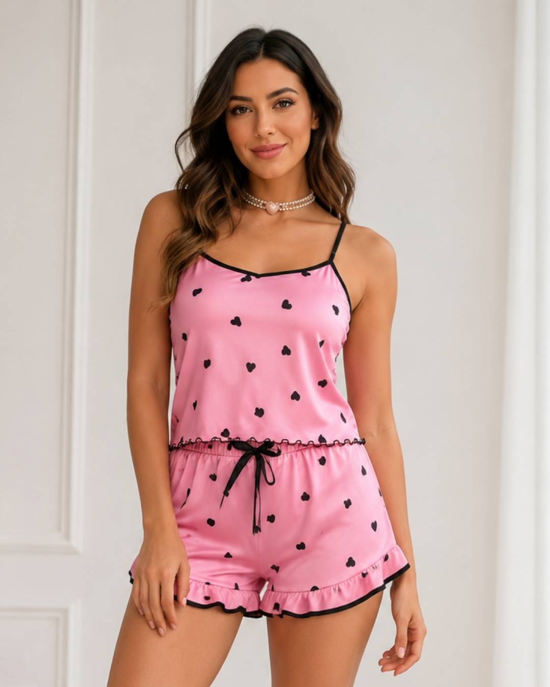 Ensemble pyjama short cœur femme caraco à noeud