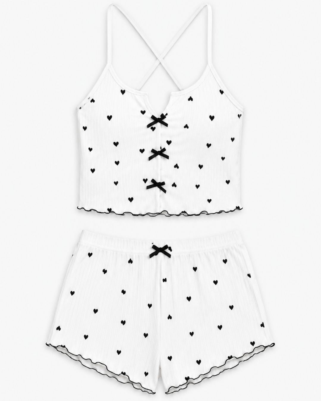 Ensemble pyjama short cœur femme caraco côtelé