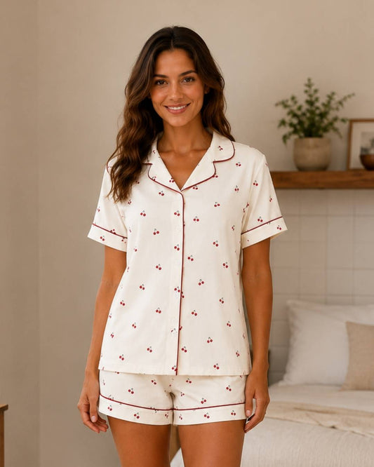 Ensemble pyjama short chemise femme cerise