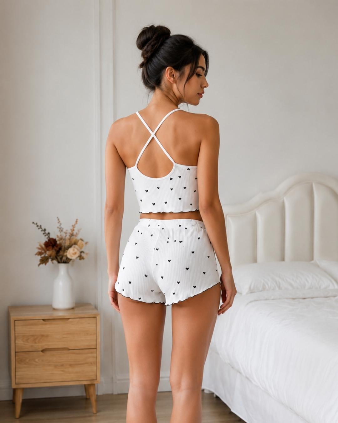 Ensemble pyjama short cœur femme caraco côtelé