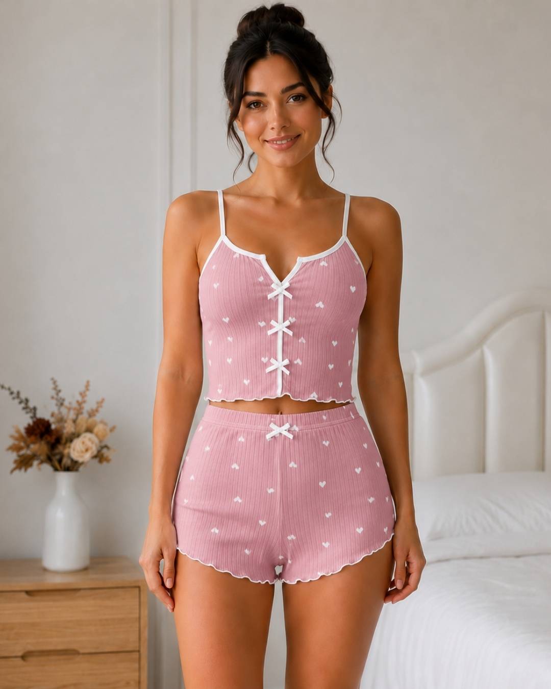 Ensemble pyjama short cœur femme caraco côtelé