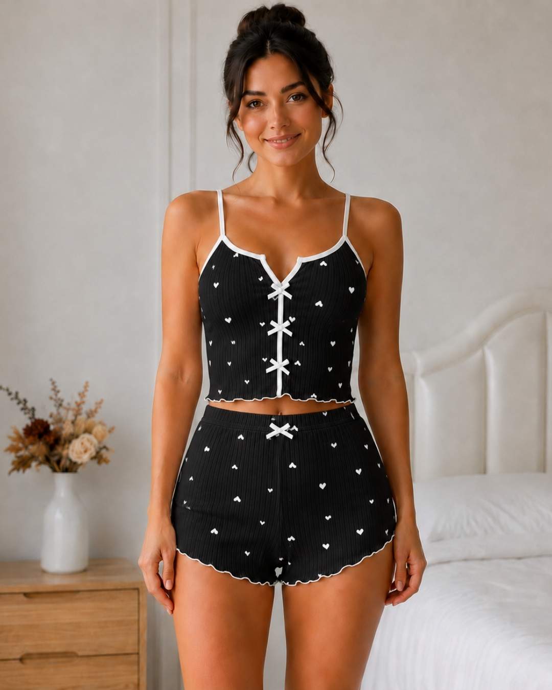 Ensemble pyjama short cœur femme caraco côtelé
