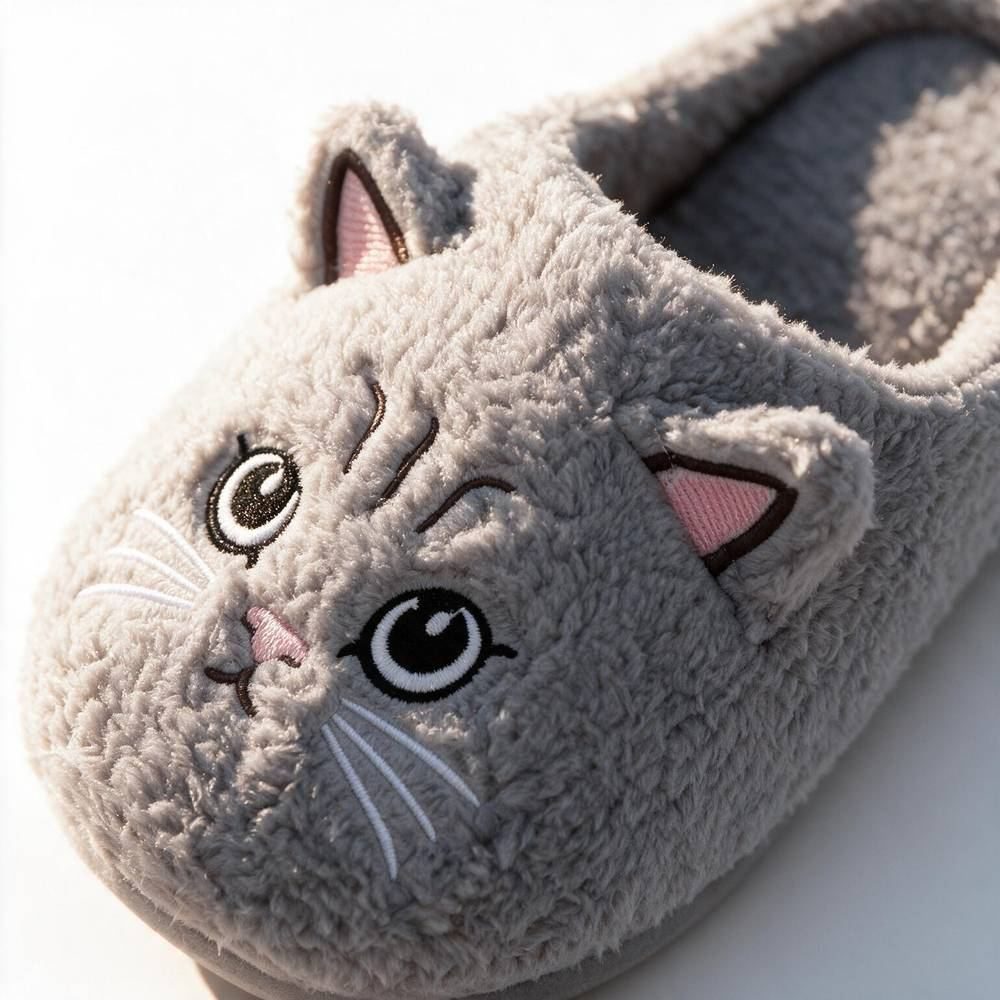 Chausson chat femme, détail peluche