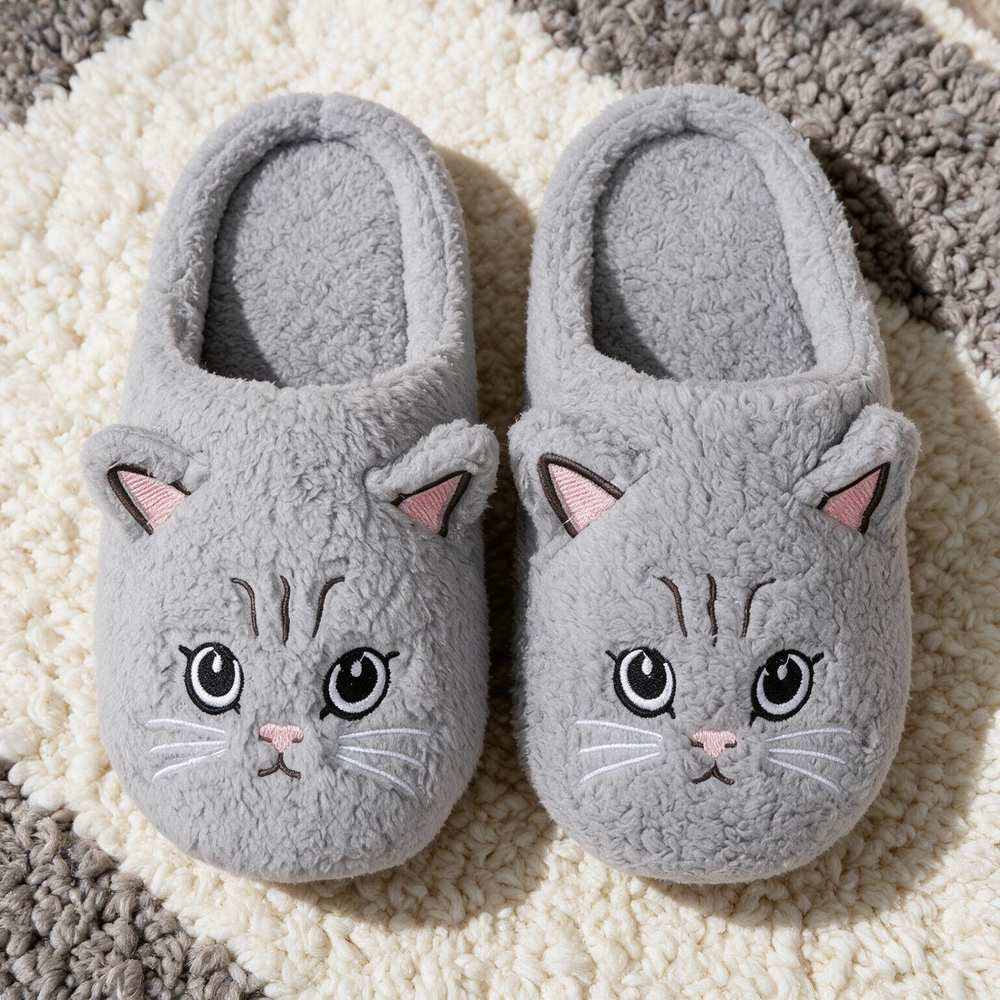 Chausson chat femme gris, vue du dessus