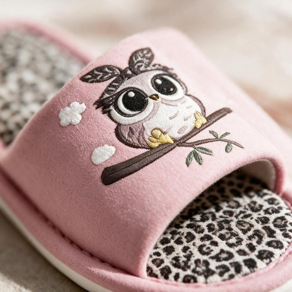 Chausson hibou femme, détail broderie
