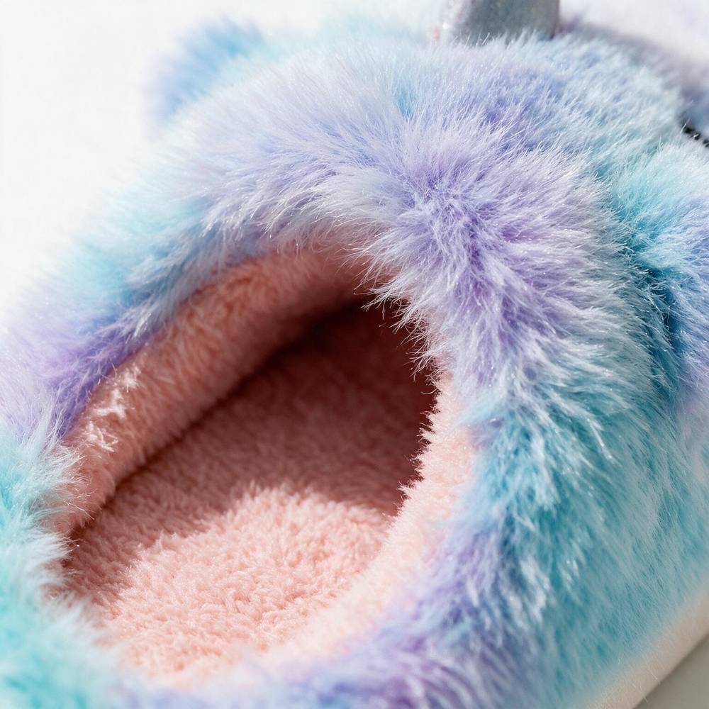 Chausson licorne femme, détail peluche et intérieur