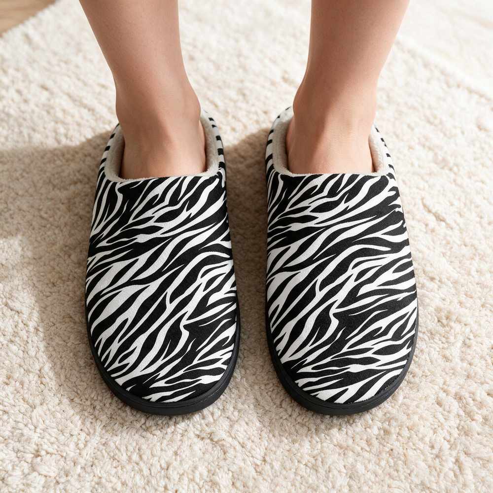 Chausson zèbre porté aux pieds