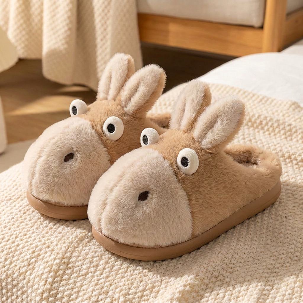 Chaussons ane peluche camel