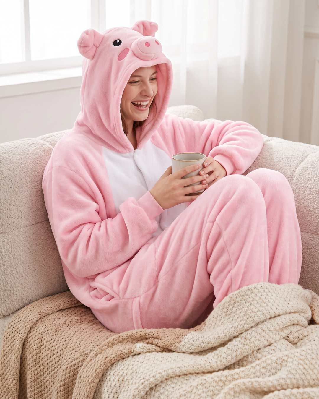 Combinaison pyjama cochon portée sur le canapé