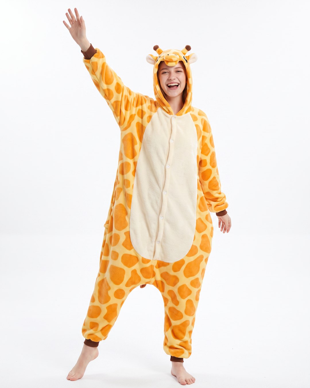 Combinaison pyjama girafe femme portée, capuche girafe