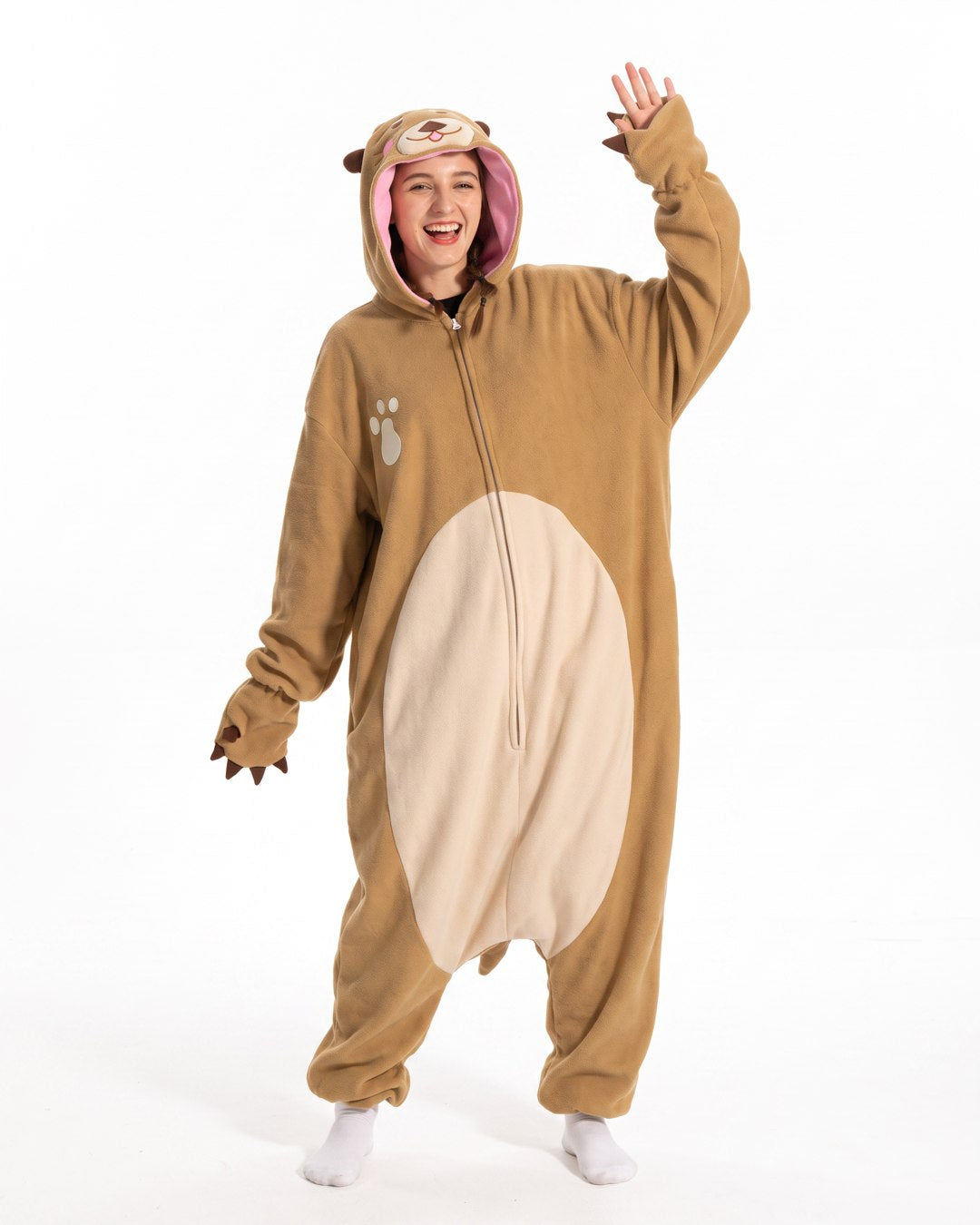 Combinaison pyjama loutre femme portée, capuche loutre