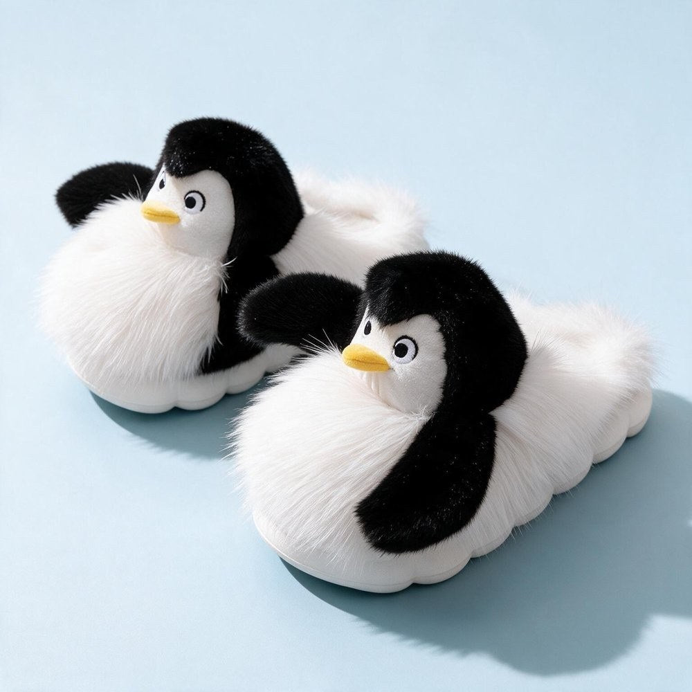 Pantoufles rigolo motif pingouin, trois quarts