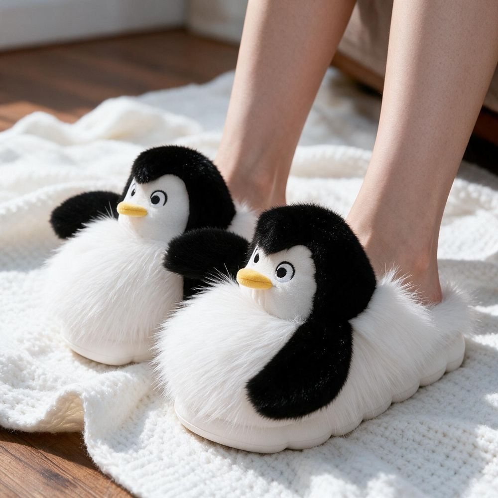 Pantoufles rigolo motif pingouin portées