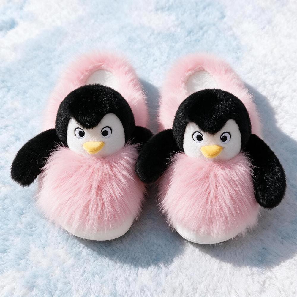 Pantoufles rigolo motif pingouin rose, vue de face