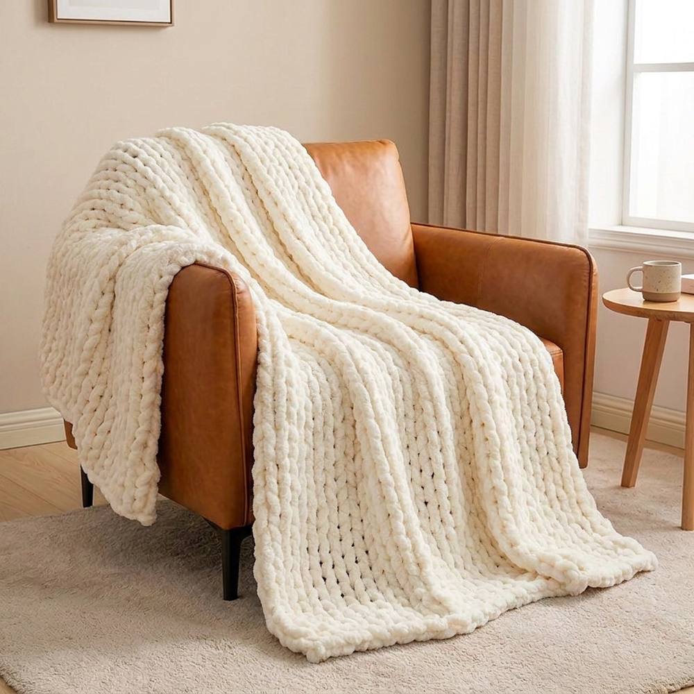 Plaid grosse maille blanc sur fauteuil