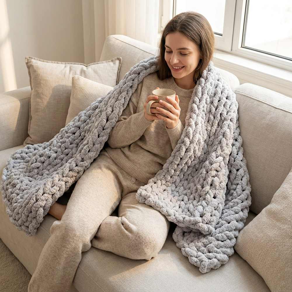 Plaid grosse maille gris sur canape cocooning
