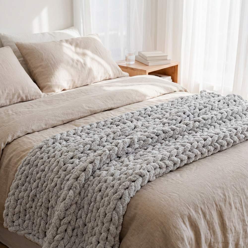 Plaid grosse maille gris sur lit
