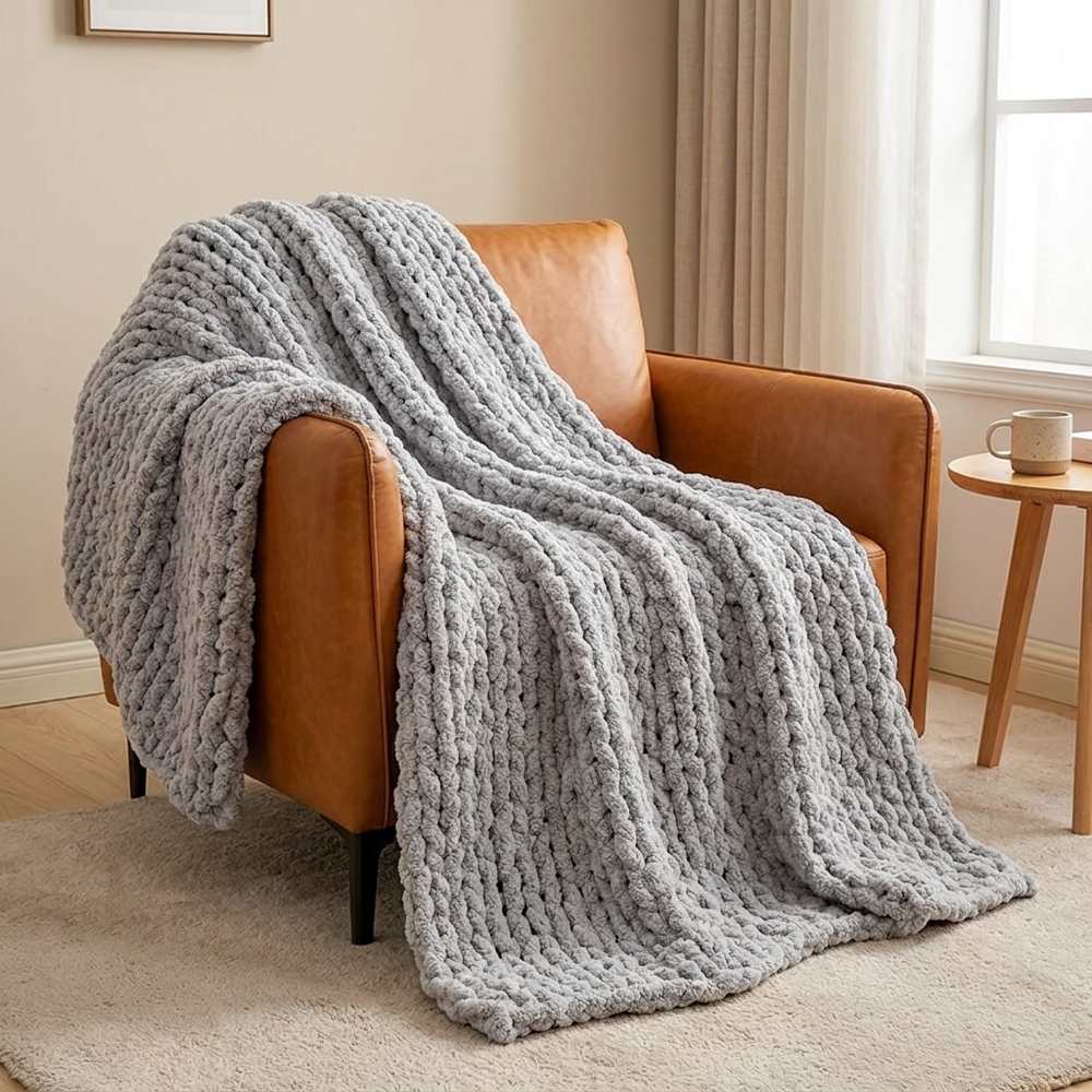 Plaid grosse maille gris sur fauteuil
