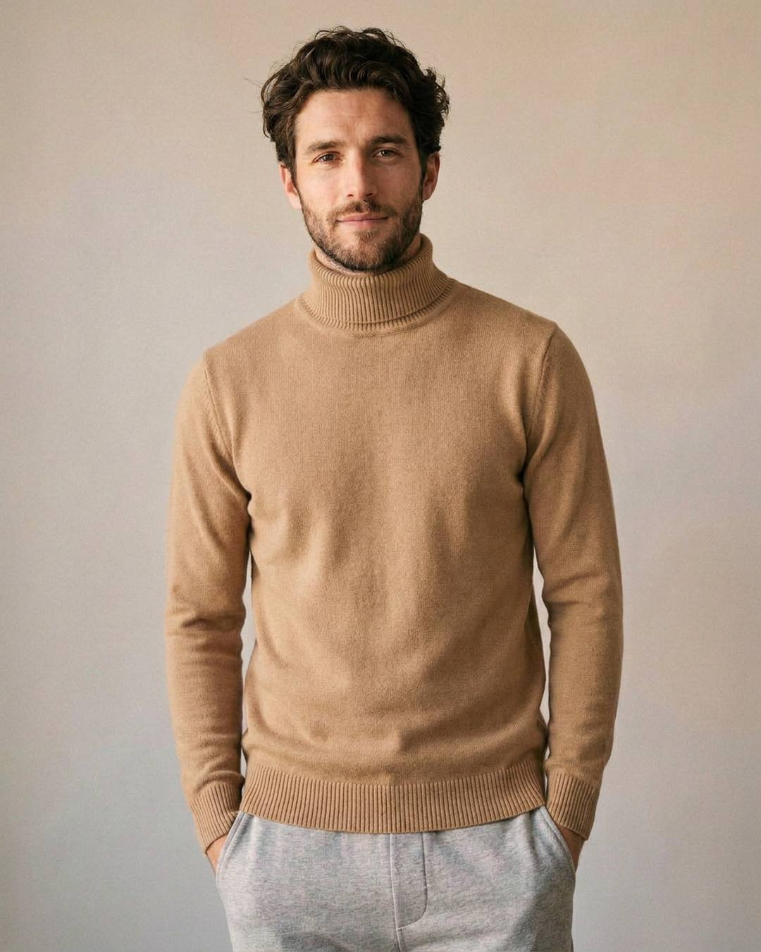 Pull col roulé doublé polaire homme beige, porté