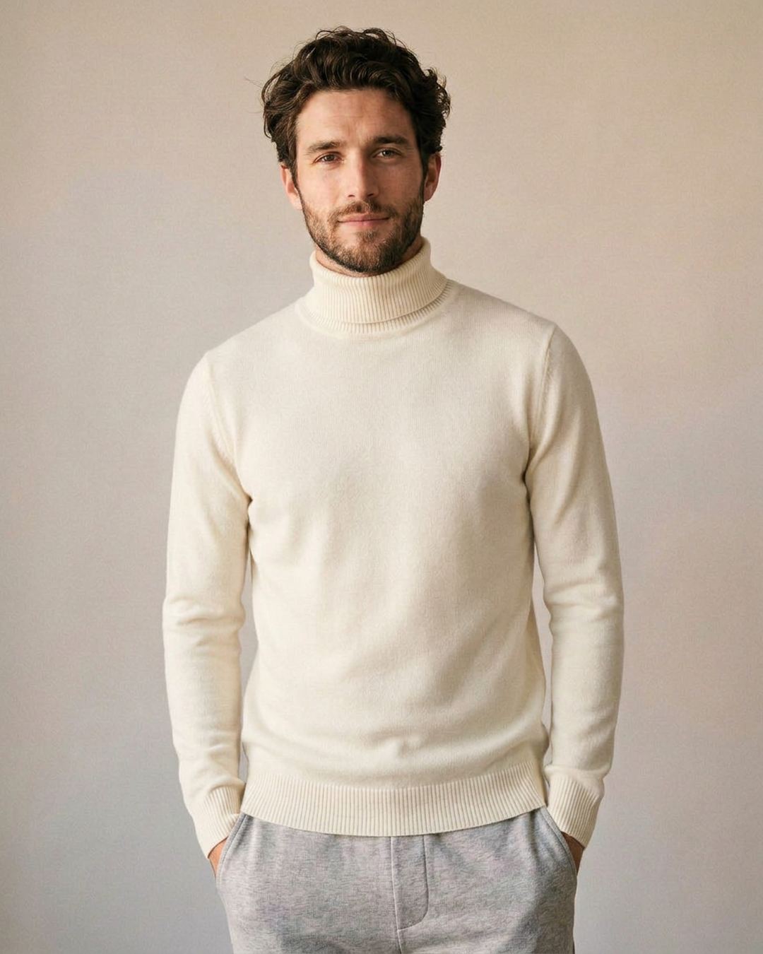 Pull col roulé doublé polaire homme blanc, porté