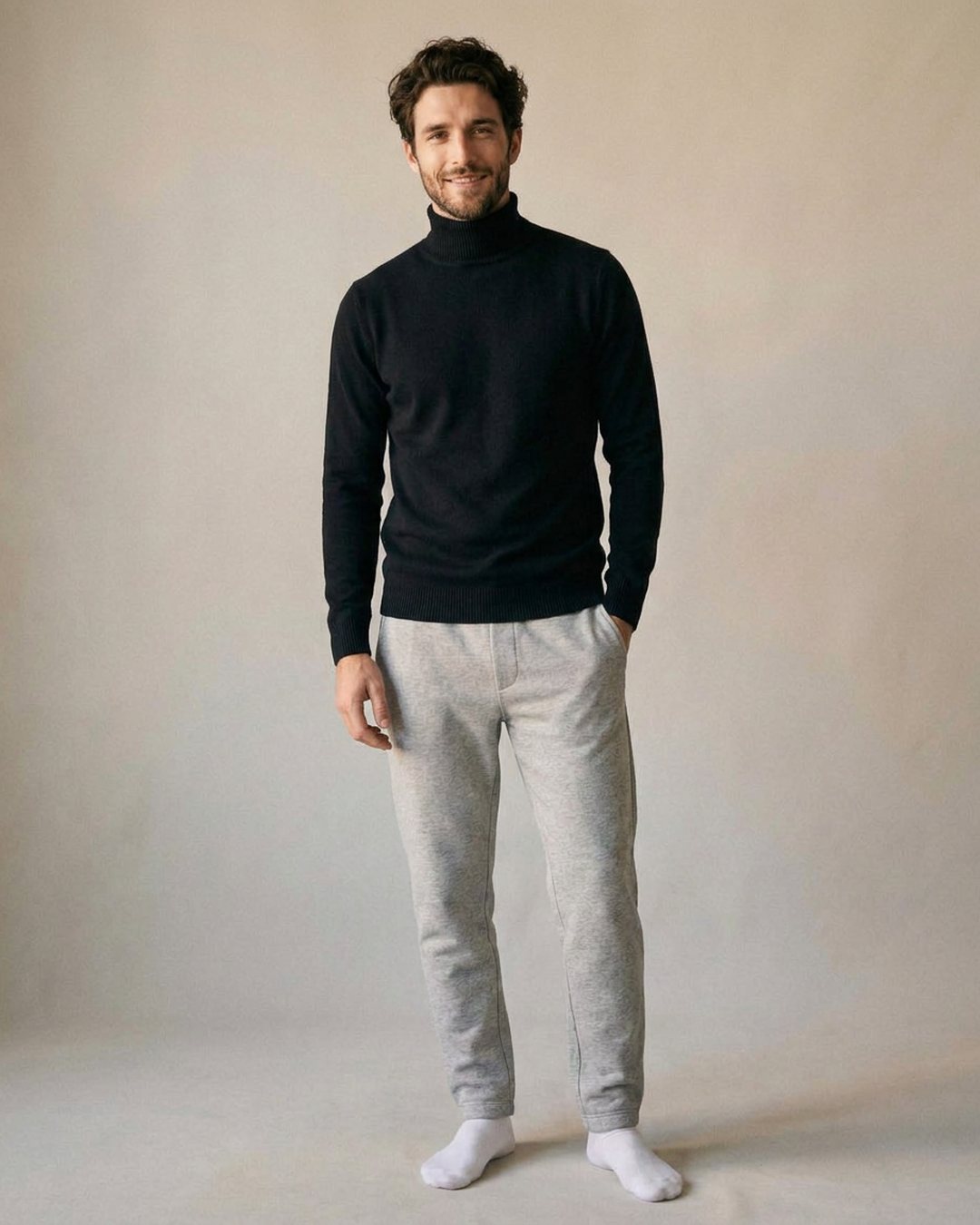 Pull col roulé doublé polaire homme noir, vue en pied