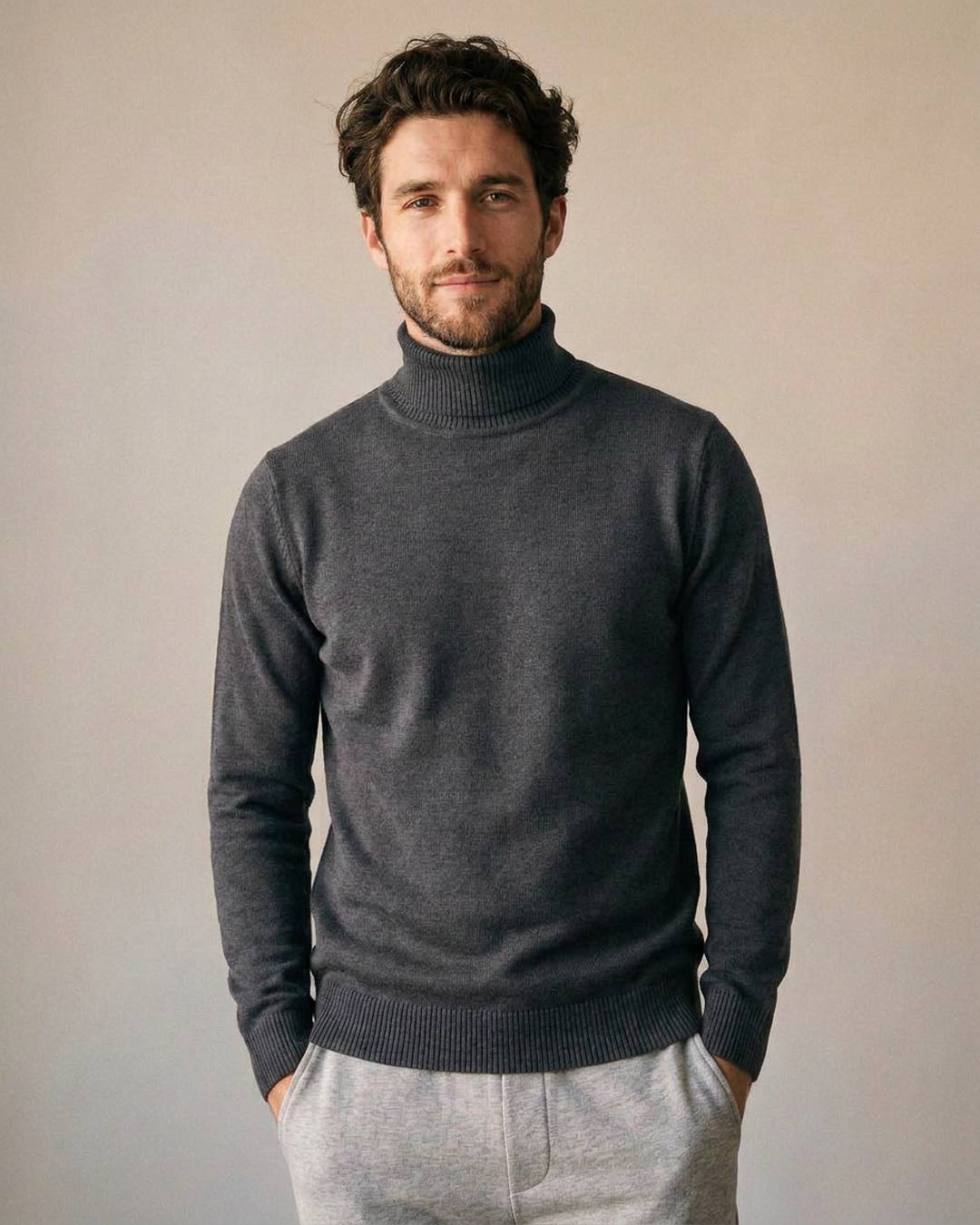 Pull col roulé doublé polaire homme gris, porté