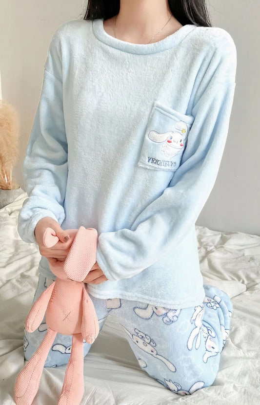 Pyjama pilou bleu motif lapin