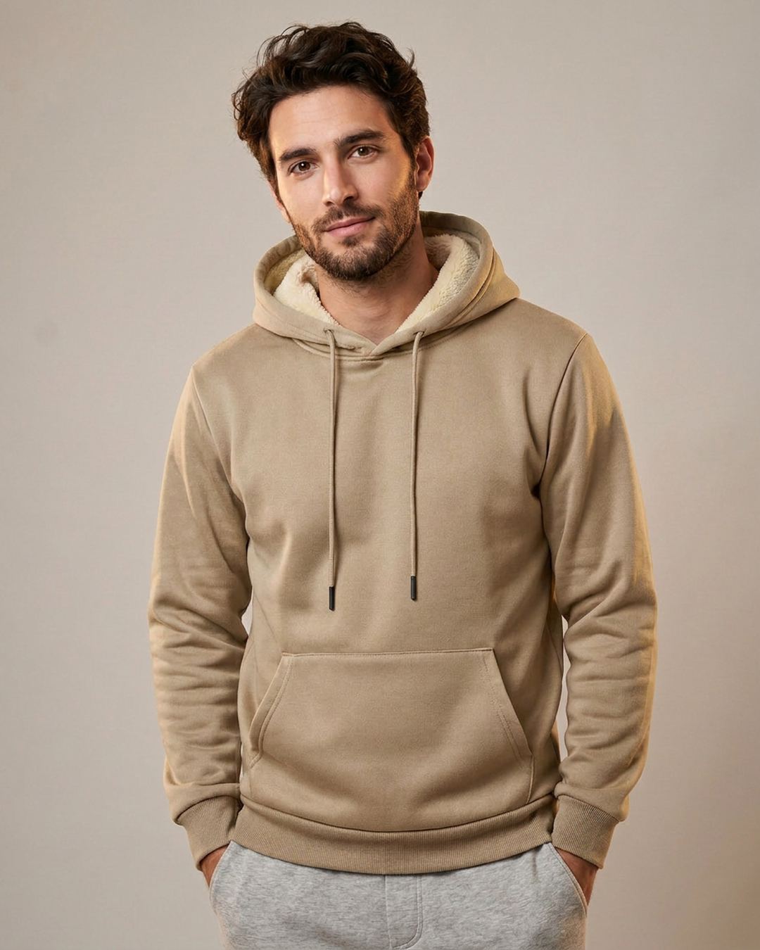 Sweat à capuche doublé polaire homme beige, porté