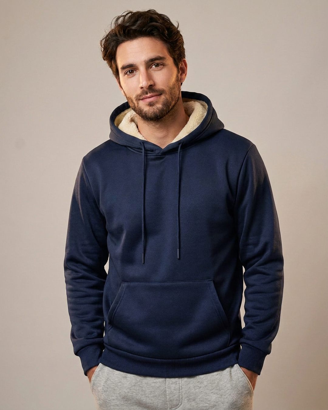 Sweat à capuche doublé polaire homme bleu, porté