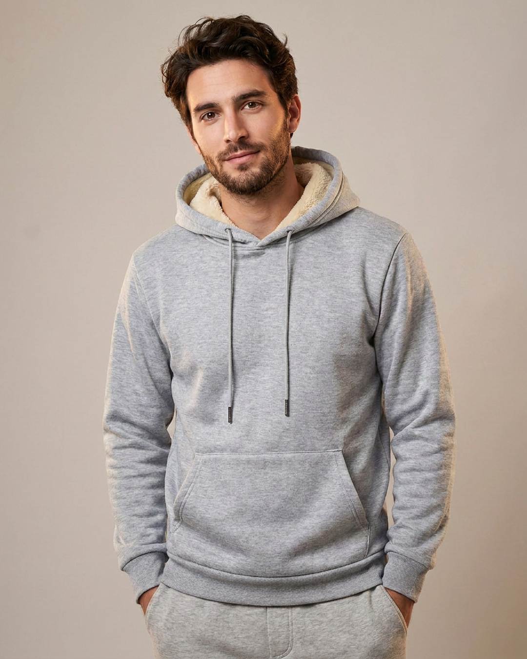 Sweat à capuche doublé polaire homme gris clair, porté