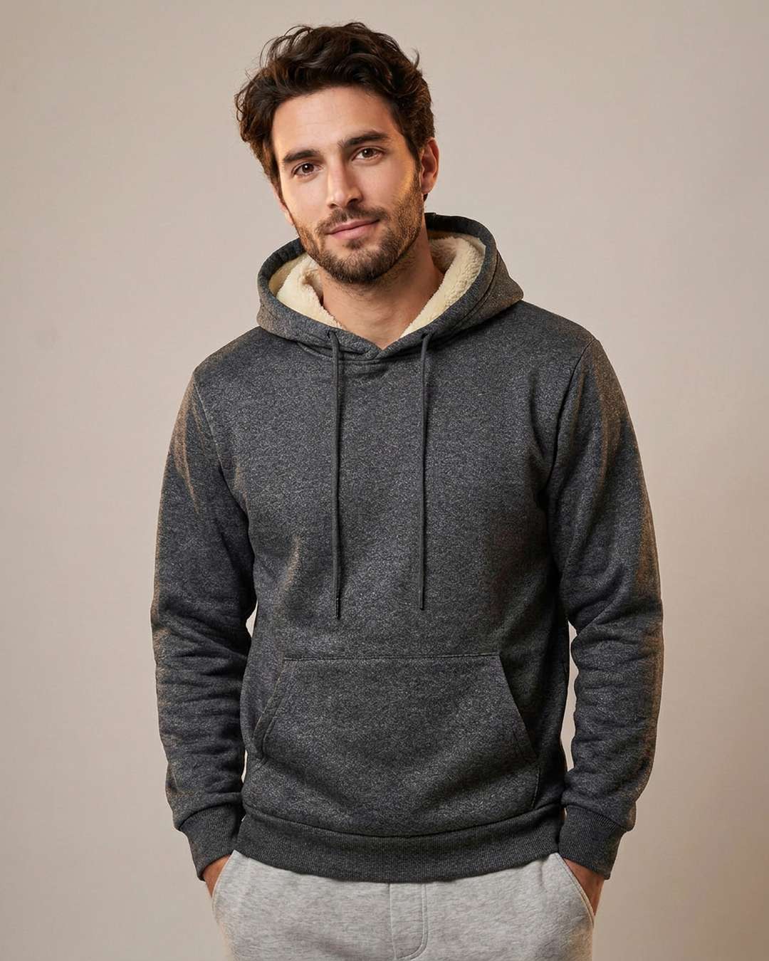 Sweat à capuche doublé polaire homme gris foncé, porté
