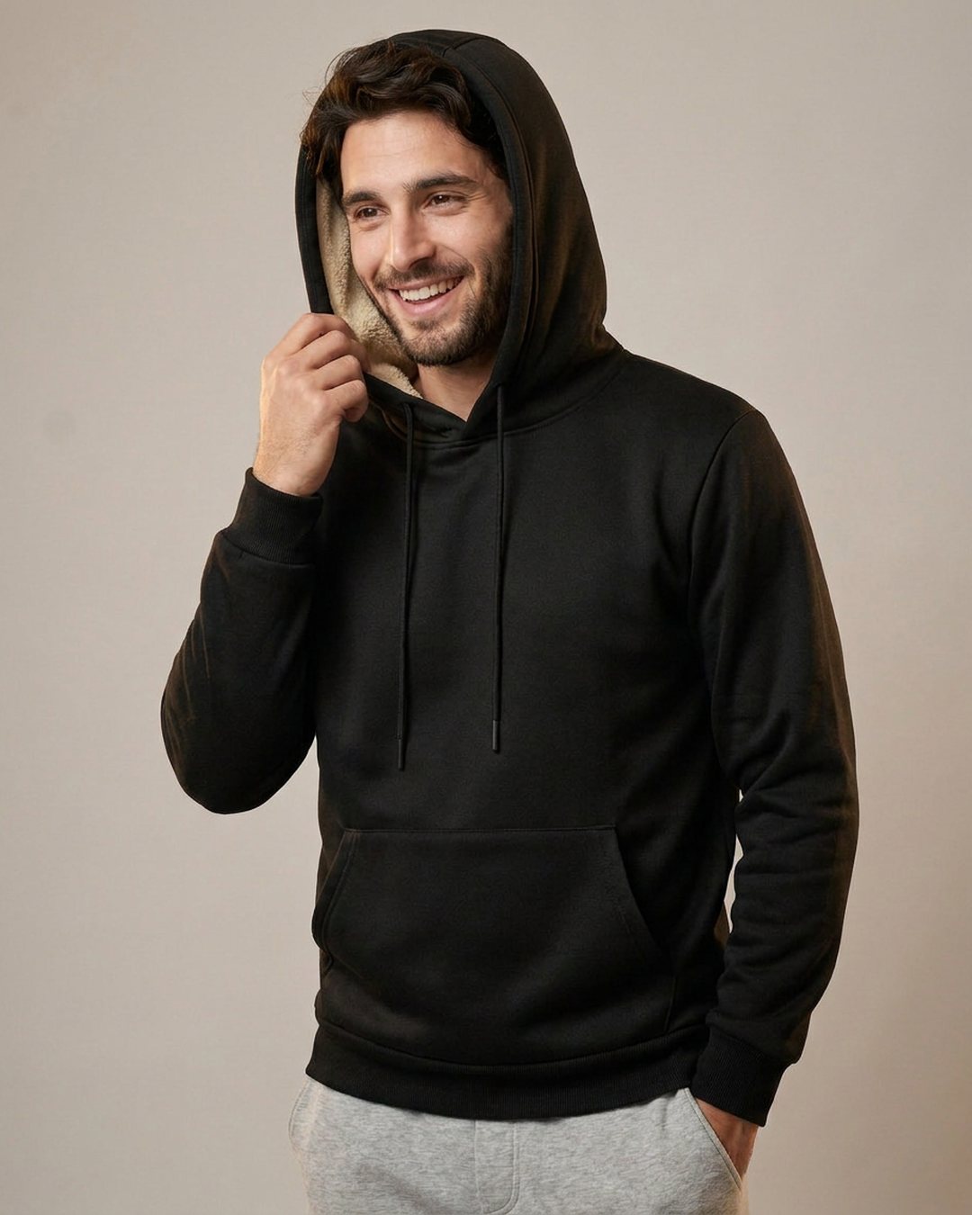 Sweat à capuche doublé polaire homme noir, capuche relevée
