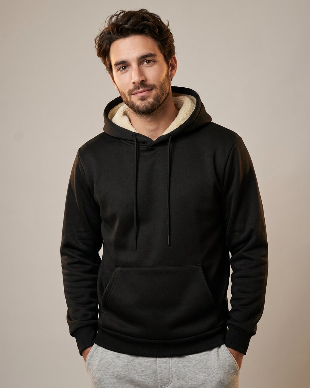 Sweat à capuche doublé polaire homme noir, porté, vue rapprochée