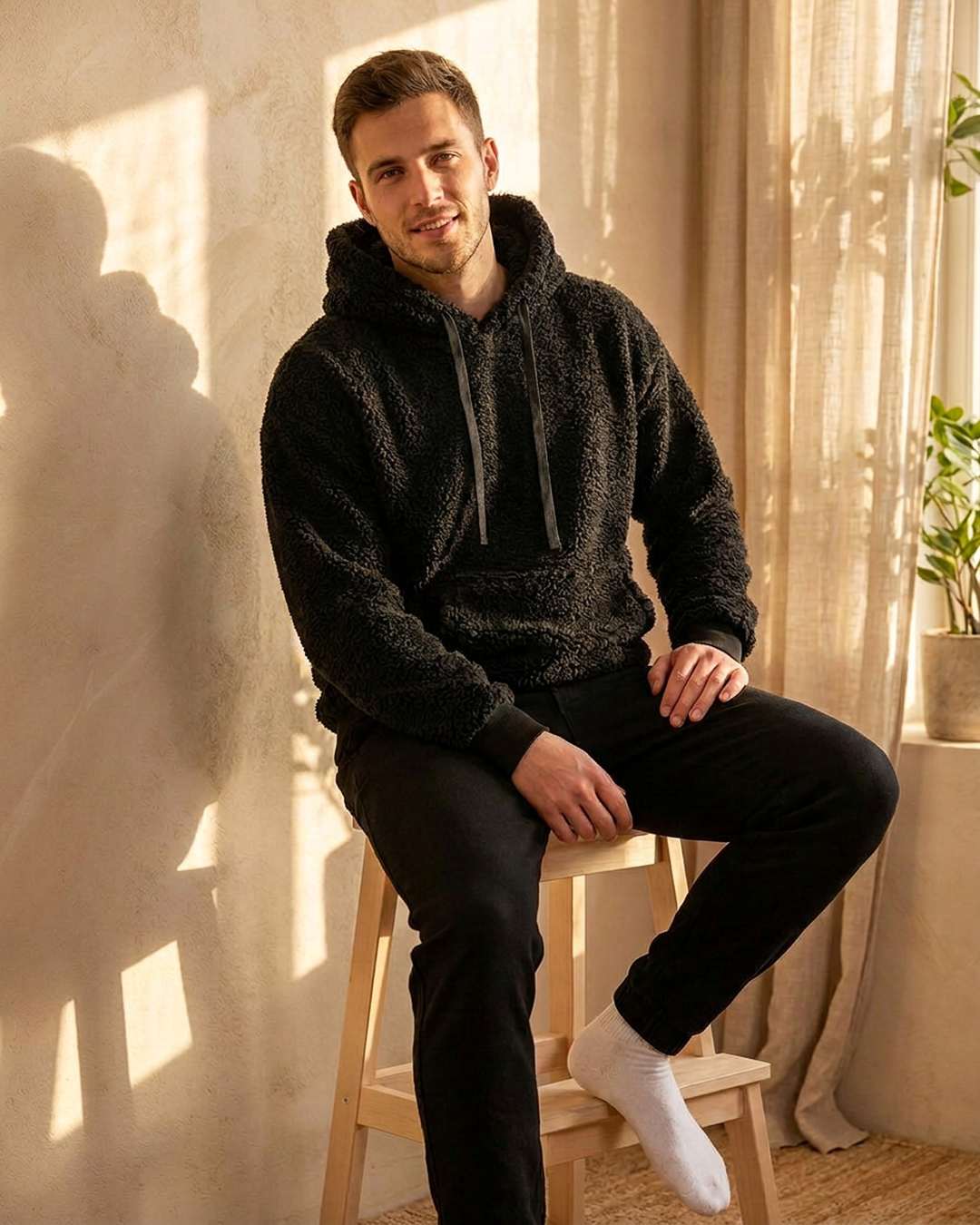 Sweat polaire chaud à capuche noir homme, vue en pied assis
