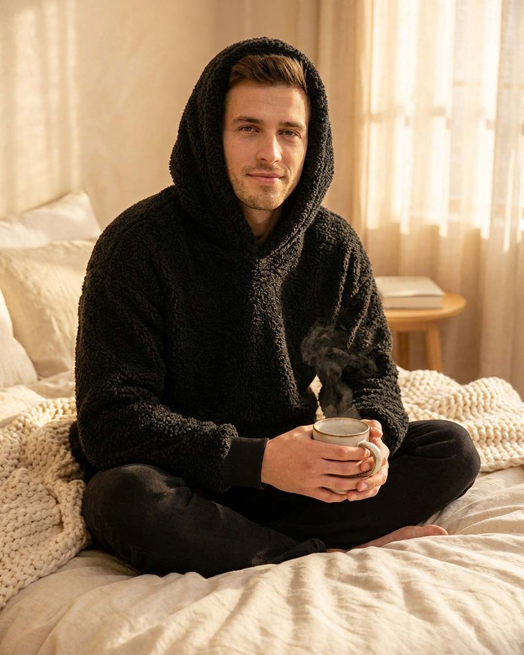 Sweat polaire à capuche noir homme, capuche relevée, ambiance cocooning